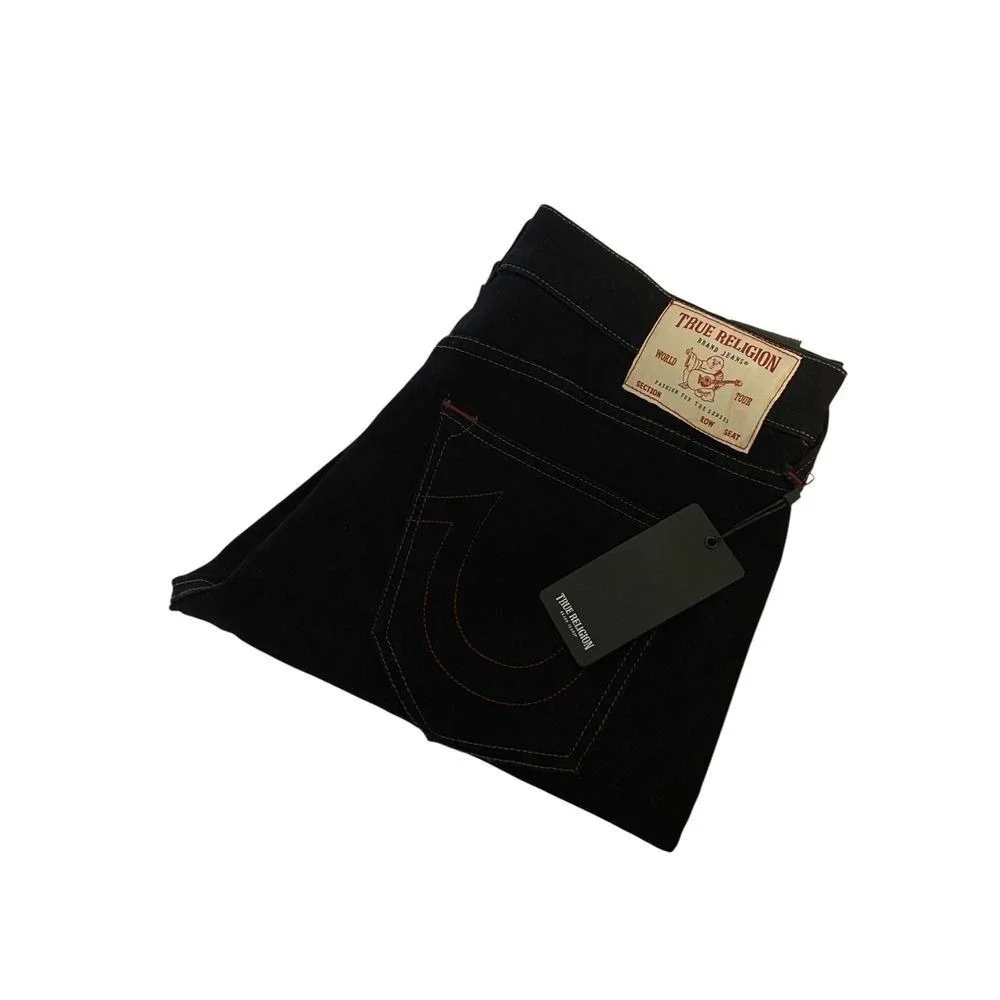 True Religion Ricky Relaxed Straight Jeans Black Rinse Red Stitch Mens 36x34 NEW